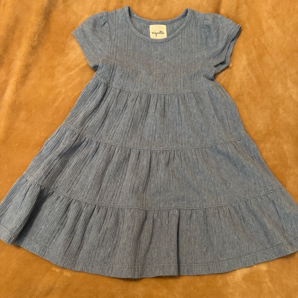 Vignette Girls Blue Ribbed Cotton Tiered Short Sleeve Dress Size 5Y